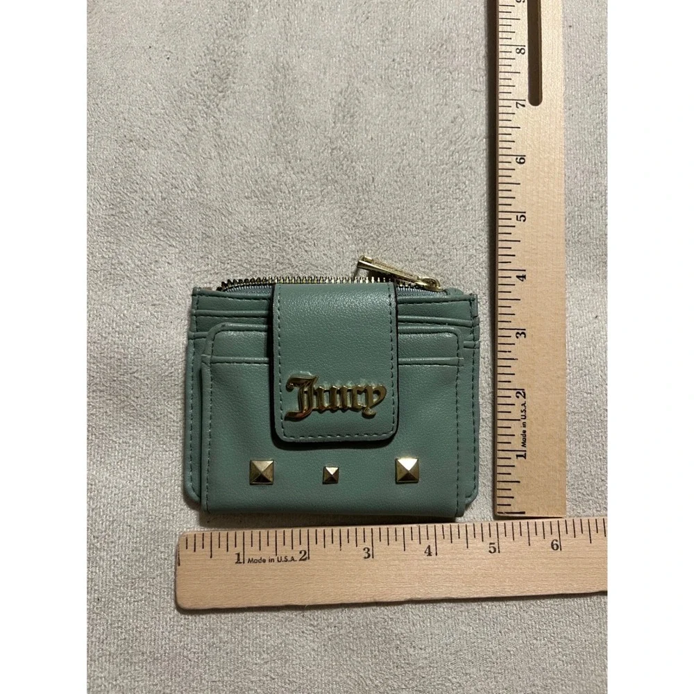 Juicy Couture Sage Green Card Holder Wallet Gold Studded ID Window Zip Pocket